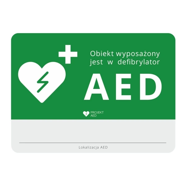 Tablica informacyjna z lokalizacją AED — 25 × 34 cm